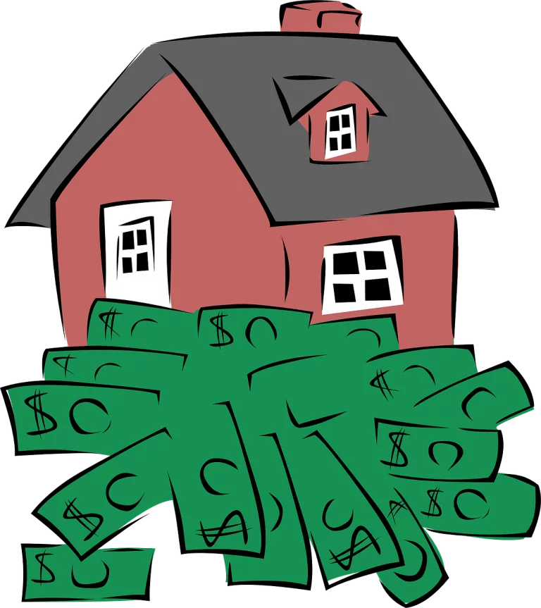 A house with a pile of money in front of it, perfect for New Year's financial resolutions or refinancing.
